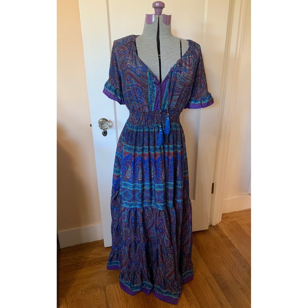 Blue Paisley Smocked Waist Tiered Maxi Dress Boho Tassel V-Neck Short Sleeve